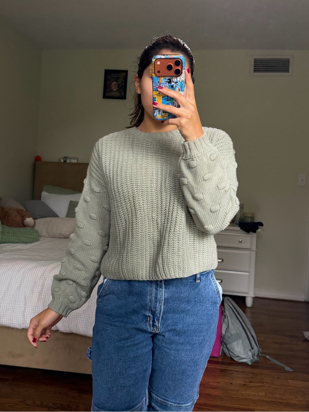 Jessica Simpson Olive Green Bobble Sleeve Crewneck Sweater